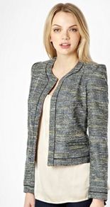 Black Neon Tweed Jacket - collar: round collar/collarless; style: boxy; pattern: herringbone/tweed; predominant colour: black; occasions: casual, evening, work; length: standard; fit: straight cut (boxy); fibres: polyester/polyamide - mix; sleeve length: long sleeve; sleeve style: standard; collar break: high; pattern type: fabric; pattern size: standard; texture group: tweed - light/midweight