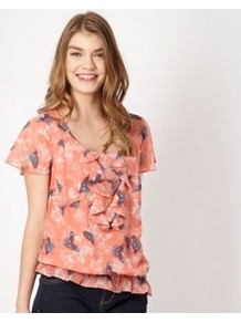 Light Peach Ruffled Butterfly Top - sleeve style: angel/waterfall; style: blouse; hip detail: fitted at hip; predominant colour: coral; occasions: casual, evening, work; length: standard; neckline: scoop; fibres: polyester/polyamide - 100%; fit: body skimming; sleeve length: short sleeve; texture group: sheer fabrics/chiffon/organza etc.; bust detail: tiers/frills/bulky drapes/pleats; pattern type: fabric; pattern size: small & busy; pattern: patterned/print