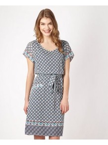 Designer Navy Tile Patterned Dress - neckline: round neck; fit: fitted at waist; style: blouson; hip detail: front pockets at hip; waist detail: belted waist/tie at waist/drawstring; predominant colour: light grey; occasions: casual, holiday; length: just above the knee; fibres: polyester/polyamide - 100%; sleeve length: short sleeve; sleeve style: standard; texture group: silky - light; trends: modern geometrics; pattern type: fabric; pattern size: small & busy; pattern: patterned/print
