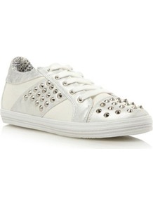 Silver Plain Synthetic Stud Trainer - predominant colour: silver; occasions: casual; material: faux leather; heel height: flat; embellishment: studs; toe: round toe; style: trainers; trends: metallics; finish: plain; pattern: plain