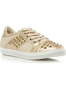 Gold Plain Synthetic Stud Trainer - predominant colour: gold; occasions: casual; material: faux leather; heel height: flat; embellishment: studs; toe: round toe; style: trainers; trends: metallics; finish: plain; pattern: plain