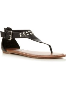 Black Plain Synthetic Studded Toe Thong Sandal - predominant colour: black; occasions: casual, holiday; material: faux leather; heel height: flat; embellishment: studs; ankle detail: ankle strap; heel: standard; toe: toe thongs; style: flip flops / toe post; finish: plain; pattern: plain