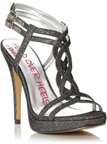 Silver Hellie Head Over Heels Metallic T Bar High Heel Sandal - predominant colour: silver; occasions: casual, evening, occasion, holiday; material: faux leather; heel height: high; embellishment: glitter; ankle detail: ankle strap; heel: platform; toe: open toe/peeptoe; style: strappy; finish: plain; pattern: plain