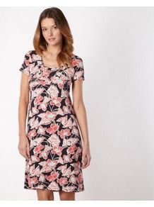 Navy Jersey Floral Dress - style: shift; neckline: round neck; sleeve style: capped; occasions: casual, holiday; length: just above the knee; fit: body skimming; predominant colour: multicoloured; sleeve length: short sleeve; pattern type: fabric; pattern size: small & busy; pattern: florals; texture group: jersey - stretchy/drapey; fibres: viscose/rayon - mix