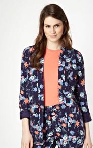 Designer Navy Floral Jacket - style: single breasted blazer; collar: shawl/waterfall; length: below the bottom; predominant colour: navy; occasions: casual, evening, work; fit: straight cut (boxy); fibres: polyester/polyamide - 100%; sleeve length: 3/4 length; sleeve style: standard; texture group: crepes; trends: high impact florals; collar break: low/open; pattern type: fabric; pattern size: standard; pattern: florals