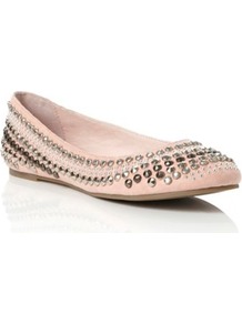 Nude Microfibre Misty Studded Ballerina - predominant colour: nude; occasions: casual, evening, work, occasion; material: fabric; heel height: flat; embellishment: studs; toe: round toe; style: ballerinas / pumps; finish: plain; pattern: plain