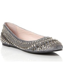 Pewter Misty Studded Ballerina - predominant colour: silver; occasions: casual, evening, work, occasion; material: faux leather; heel height: flat; embellishment: studs; toe: round toe; style: ballerinas / pumps; trends: metallics; finish: metallic; pattern: plain