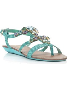 Turquoise Plain Synthetic Jewelled Flat Sandal - predominant colour: turquoise; occasions: casual, evening, holiday; material: faux leather; heel height: flat; embellishment: jewels; ankle detail: ankle strap; heel: standard; toe: toe thongs; style: strappy; finish: plain; pattern: plain
