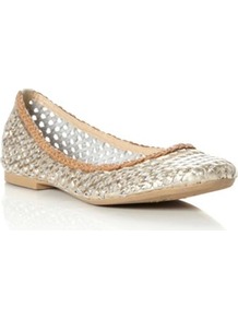 Gold Leather Malawi Leather Woven Flat Ballerina - predominant colour: gold; occasions: casual, work, holiday; material: leather; heel height: flat; toe: round toe; style: ballerinas / pumps; trends: metallics; finish: metallic; pattern: plain