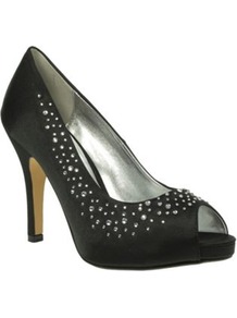 Black Satin Peep Toe Court Shoes With Diamante Trim - predominant colour: black; occasions: evening, occasion; material: satin; heel height: high; embellishment: crystals; heel: stiletto; toe: open toe/peeptoe; style: courts; finish: plain; pattern: plain