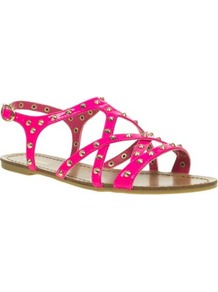 Pink Studded Gladiator Sandals - predominant colour: hot pink; occasions: casual, evening, work, holiday; material: faux leather; heel height: flat; embellishment: studs; ankle detail: ankle strap; heel: standard; toe: open toe/peeptoe; style: gladiators; trends: fluorescent; finish: fluorescent; pattern: plain