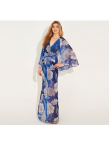 Blue And Grey Printed Chiffon Kew Maxi Dress - style: faux wrap/wrap; neckline: low v-neck; sleeve style: kimono; waist detail: belted waist/tie at waist/drawstring; secondary colour: white; predominant colour: royal blue; occasions: evening, occasion, holiday; length: floor length; fit: body skimming; fibres: polyester/polyamide - 100%; sleeve length: long sleeve; texture group: sheer fabrics/chiffon/organza etc.; trends: high impact florals; pattern type: fabric; pattern size: big & busy; pattern: patterned/print