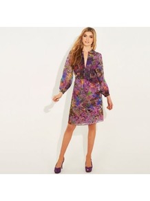 Multi Printed St. Martins Chiffon Dress - style: shift; neckline: low v-neck; fit: fitted at waist; sleeve style: balloon; secondary colour: purple; occasions: evening, work, occasion; length: just above the knee; fibres: polyester/polyamide - 100%; predominant colour: multicoloured; sleeve length: long sleeve; texture group: sheer fabrics/chiffon/organza etc.; pattern type: fabric; pattern size: small & busy; pattern: patterned/print