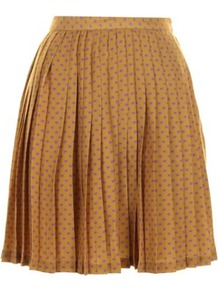 Mustard Kelsey Skirt - length: mid thigh; fit: loose/voluminous; style: pleated; waist: high rise; pattern: polka dot; predominant colour: mustard; occasions: casual, evening, work; fibres: polyester/polyamide - 100%; hip detail: structured pleats at hip; texture group: sheer fabrics/chiffon/organza etc.; pattern type: fabric; pattern size: small & busy