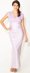 Signature Dress Lilac - style: ballgown; neckline: low v-neck; pattern: plain; sleeve style: sleeveless; waist detail: fitted waist; hip detail: fitted at hip; predominant colour: lilac; occasions: evening, occasion; length: floor length; fit: body skimming; fibres: silk - mix; bust detail: contrast pattern/fabric/detail at bust; shoulder detail: flat/draping pleats/ruching/gathering at shoulder; sleeve length: sleeveless; texture group: structured shiny - satin/tafetta/silk etc.; pattern type: fabric; pattern size: standard