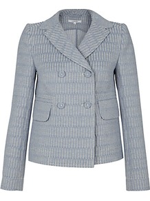 Denim Jacquard Jacket - pattern: plain; style: double breasted blazer; shoulder detail: shoulder pads; bust detail: added detail/embellishment at bust; collar: standard lapel/rever collar; predominant colour: light grey; occasions: casual, evening, work, holiday; length: standard; fit: straight cut (boxy); fibres: cotton - 100%; back detail: back vent/flap at back; sleeve length: long sleeve; sleeve style: standard; collar break: medium; pattern type: fabric; pattern size: small & light; texture group: brocade/jacquard