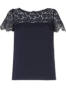 Mila Scalloped Lace Top - pattern: plain; bust detail: sheer at bust; predominant colour: black; occasions: evening, work; length: standard; style: top; neckline: scoop; fibres: cotton - mix; fit: straight cut; back detail: embellishment at back; sleeve length: short sleeve; sleeve style: standard; texture group: lace; pattern type: fabric; pattern size: standard