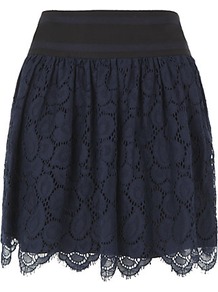 Margaret Scalloped Lace Skirt - length: mid thigh; style: full/prom skirt; fit: loose/voluminous; waist detail: wide waistband/cummerbund; waist: mid/regular rise; predominant colour: navy; occasions: evening, work, occasion; fibres: cotton - mix; hip detail: ruching/gathering at hip; texture group: lace; trends: volume; pattern type: fabric; pattern size: standard; pattern: florals