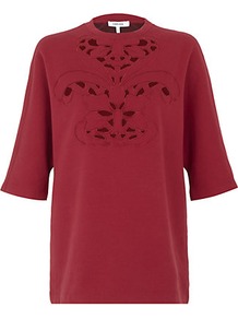 Cutwork Sweatshirt - style: sweat top; predominant colour: true red; occasions: casual; length: standard; fibres: cotton - mix; fit: straight cut; neckline: crew; sleeve length: half sleeve; sleeve style: standard; texture group: cotton feel fabrics; pattern type: fabric; pattern size: light/subtle; pattern: patterned/print