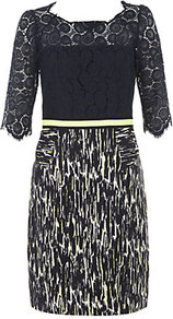 Simone Combo Dress - style: shift; neckline: round neck; fit: tailored/fitted; back detail: low cut/open back; shoulder detail: contrast pattern/fabric at shoulder; waist detail: belted waist/tie at waist/drawstring; predominant colour: navy; occasions: evening, work, occasion; length: just above the knee; fibres: cotton - mix; hip detail: contrast fabric/print detail at hip; bust detail: contrast pattern/fabric/detail at bust; sleeve length: 3/4 length; sleeve style: standard; texture group: lace; trends: glamorous day shifts; pattern type: fabric; pattern size: standard; pattern: patterned/print; embellishment: embroidered