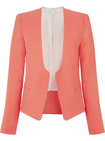 Feriha Crepe Jacket - pattern: plain; style: single breasted blazer; collar: standard lapel/rever collar; predominant colour: coral; occasions: evening, work, occasion; length: standard; fit: tailored/fitted; fibres: polyester/polyamide - mix; sleeve length: long sleeve; sleeve style: standard; texture group: crepes; trends: tuxedo; collar break: medium; pattern type: fabric; pattern size: standard