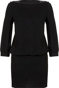 Carmela Dress - style: shift; length: mid thigh; neckline: slash/boat neckline; fit: fitted at waist; pattern: plain; waist detail: fitted waist; sleeve style: balloon; predominant colour: black; occasions: casual, evening, work, occasion; fibres: polyester/polyamide - stretch; shoulder detail: added shoulder detail; sleeve length: 3/4 length; hip detail: ruffles/tiers/tie detail at hip; pattern type: fabric; texture group: jersey - stretchy/drapey