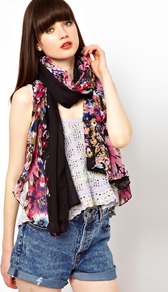 Floral Scarf - predominant colour: black; occasions: casual, work; type of pattern: heavy; style: regular; size: large; material: fabric; pattern: florals; trends: high impact florals