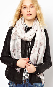 Devore Skull & Cross Scarf - predominant colour: ivory; occasions: casual, evening, work, holiday; type of pattern: standard; style: regular; size: standard; material: fabric; trends: statement prints; pattern: patterned/print