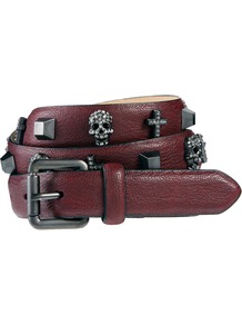 Stud Cross Skull Belt - predominant colour: burgundy; occasions: casual, evening, holiday; type of pattern: small; style: classic; size: standard; worn on: hips; material: faux leather; embellishment: studs; pattern: plain; finish: plain