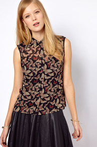 Nw3 Butterfly Shirt - neckline: shirt collar/peter pan/zip with opening; sleeve style: sleeveless; style: shirt; bust detail: buttons at bust (in middle at breastbone)/zip detail at bust; predominant colour: black; occasions: casual, evening, work; length: standard; fibres: polyester/polyamide - 100%; fit: straight cut; sleeve length: sleeveless; texture group: sheer fabrics/chiffon/organza etc.; trends: statement prints; pattern type: fabric; pattern size: standard; pattern: patterned/print