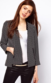 Blazer In Spot Print - style: single breasted blazer; collar: round collar/collarless; fit: loose; pattern: polka dot; secondary colour: white; predominant colour: black; occasions: casual, evening, work, occasion, holiday; length: standard; fibres: polyester/polyamide - 100%; shoulder detail: flat/draping pleats/ruching/gathering at shoulder; sleeve length: 3/4 length; sleeve style: standard; texture group: cotton feel fabrics; collar break: low/open; pattern type: fabric; pattern size: small & busy