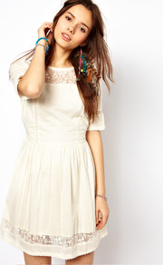 Lace Insert Dress - length: mid thigh; neckline: round neck; fit: fitted at waist; pattern: plain; bust detail: sheer at bust; waist detail: fitted waist; shoulder detail: contrast pattern/fabric at shoulder; predominant colour: ivory; occasions: evening, occasion, holiday; style: fit & flare; fibres: cotton - 100%; hip detail: ruching/gathering at hip; back detail: keyhole/peephole detail at back; sleeve length: short sleeve; sleeve style: standard; texture group: lace; trends: volume; pattern type: fabric; embellishment: lace