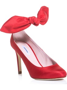 Silk Bow Shoes - predominant colour: true red; occasions: evening, occasion; material: satin; heel height: high; ankle detail: ankle strap; heel: stiletto; toe: pointed toe; style: courts; finish: plain; pattern: plain; embellishment: bow
