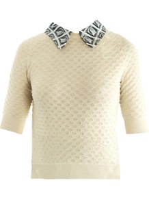 Stamp Print Collar Sweater - neckline: shirt collar/peter pan/zip with opening; pattern: plain; style: standard; predominant colour: ivory; occasions: casual, work; length: standard; fibres: cotton - stretch; fit: slim fit; sleeve length: short sleeve; sleeve style: standard; texture group: knits/crochet; pattern type: knitted - other; pattern size: standard