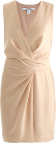 Beyatta Dress - style: faux wrap/wrap; neckline: v-neck; pattern: plain; sleeve style: sleeveless; waist detail: fitted waist; predominant colour: nude; occasions: evening, work, occasion; length: just above the knee; fit: body skimming; fibres: polyester/polyamide - mix; hip detail: structured pleats at hip; sleeve length: sleeveless; trends: glamorous day shifts; bust detail: tiers/frills/bulky drapes/pleats; pattern type: fabric; pattern size: standard; texture group: jersey - stretchy/drapey