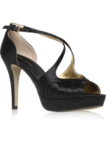 Bumblelion2 - predominant colour: black; occasions: evening, occasion; material: satin; heel height: high; ankle detail: ankle strap; heel: platform; toe: open toe/peeptoe; style: standard; finish: plain; pattern: plain; embellishment: pleated