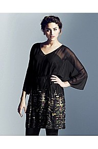 Project D London Rockefeller Belted Print Tunic - neckline: v-neck; sleeve style: dolman/batwing; waist detail: belted waist/tie at waist/drawstring; predominant colour: black; occasions: evening, occasion, holiday; length: standard; style: top; fibres: polyester/polyamide - 100%; fit: loose; sleeve length: long sleeve; texture group: sheer fabrics/chiffon/organza etc.; pattern type: fabric; pattern size: standard; pattern: patterned/print