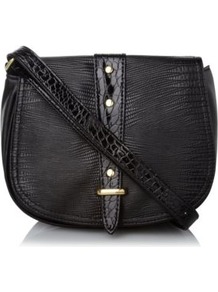 Studded Cross Body Bag Black - predominant colour: black; occasions: casual, work; type of pattern: light; style: saddle; length: across body/long; size: small; material: faux leather; embellishment: studs; pattern: plain; finish: patent