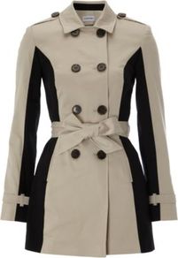 Illusion Mac Oatmeal - shoulder detail: obvious epaulette; style: mac; length: mid thigh; predominant colour: stone; occasions: casual; fit: tailored/fitted; fibres: cotton - stretch; collar: shirt collar/peter pan/zip with opening; waist detail: belted waist/tie at waist/drawstring; sleeve length: long sleeve; sleeve style: standard; texture group: cotton feel fabrics; collar break: high; pattern type: fabric; pattern size: standard; pattern: colourblock