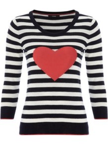 Stripe Knit Heart Jumper Multi - neckline: round neck; pattern: horizontal stripes; style: standard; occasions: casual; length: standard; fibres: cotton - 100%; fit: slim fit; waist detail: fitted waist; sleeve length: 3/4 length; sleeve style: standard; texture group: knits/crochet; predominant colour: monochrome; trends: striking stripes; pattern type: knitted - fine stitch; pattern size: standard