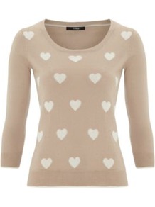 Heart Jumper Wheat - style: standard; predominant colour: stone; occasions: casual, work; length: standard; fibres: cotton - 100%; fit: slim fit; neckline: crew; sleeve length: 3/4 length; sleeve style: standard; texture group: knits/crochet; pattern type: fabric; pattern size: standard; pattern: patterned/print