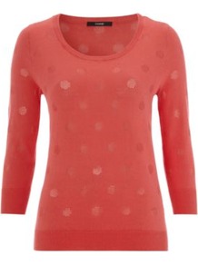 Pointelle Spot Jumper Coral - style: standard; predominant colour: coral; occasions: casual; length: standard; fibres: cotton - 100%; fit: slim fit; neckline: crew; waist detail: fitted waist; sleeve length: 3/4 length; sleeve style: standard; texture group: knits/crochet; pattern type: fabric; pattern size: standard; pattern: patterned/print