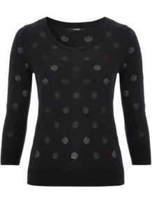 Pointelle Spot Jumper Black - pattern: polka dot; style: standard; predominant colour: black; occasions: casual, work; length: standard; fibres: cotton - 100%; fit: slim fit; neckline: crew; sleeve length: 3/4 length; sleeve style: standard; texture group: knits/crochet; pattern type: knitted - other; pattern size: standard
