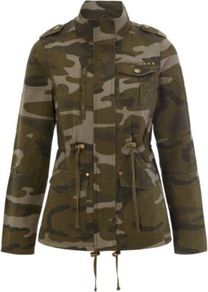 Camouflage Jacket Multi - style: double breasted military jacket; collar: high neck; fit: slim fit; predominant colour: khaki; occasions: casual; length: standard; fibres: cotton - 100%; waist detail: belted waist/tie at waist/drawstring; shoulder detail: discreet epaulette; sleeve length: long sleeve; sleeve style: standard; texture group: cotton feel fabrics; collar break: high; pattern type: fabric; pattern size: big & busy; pattern: patterned/print; embellishment: studs