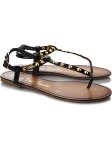 Studded Sandals Black - predominant colour: black; occasions: casual, holiday; material: faux leather; heel height: flat; embellishment: studs; ankle detail: ankle strap; heel: standard; toe: toe thongs; style: flip flops / toe post; finish: patent; pattern: plain