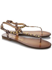 Studded Sandals Animal Print Multi - predominant colour: camel; occasions: casual, holiday; material: fabric; heel height: flat; embellishment: studs; ankle detail: ankle strap; heel: standard; toe: toe thongs; style: flip flops / toe post; finish: plain; pattern: animal print