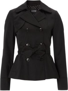 Formal Mac Black - pattern: plain; length: standard; style: double breasted; collar: standard lapel/rever collar; predominant colour: black; occasions: casual, work; fit: tailored/fitted; fibres: polyester/polyamide - mix; waist detail: belted waist/tie at waist/drawstring; sleeve length: long sleeve; sleeve style: standard; texture group: cotton feel fabrics; collar break: high; pattern type: fabric; pattern size: standard