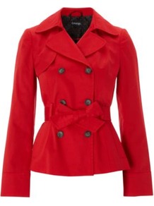 Formal Mac Red - pattern: plain; length: standard; style: double breasted; collar: standard lapel/rever collar; predominant colour: true red; occasions: casual, work; fit: tailored/fitted; fibres: polyester/polyamide - mix; waist detail: belted waist/tie at waist/drawstring; sleeve length: long sleeve; sleeve style: standard; texture group: cotton feel fabrics; collar break: medium; pattern type: fabric; pattern size: standard