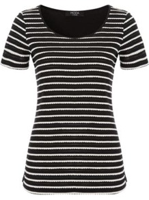 Moda Striped Top Black - neckline: round neck; pattern: horizontal stripes; style: t-shirt; predominant colour: black; occasions: casual; length: standard; fibres: polyester/polyamide - mix; fit: body skimming; sleeve length: short sleeve; sleeve style: standard; pattern type: fabric; pattern size: standard; texture group: jersey - stretchy/drapey