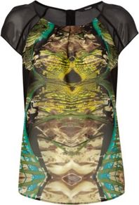 Graduate Fashion Week Printed Top Multi - neckline: round neck; sleeve style: capped; shoulder detail: contrast pattern/fabric at shoulder; predominant colour: chocolate brown; occasions: casual, evening, occasion; length: standard; style: top; fibres: polyester/polyamide - 100%; fit: straight cut; sleeve length: short sleeve; texture group: sheer fabrics/chiffon/organza etc.; bust detail: tiers/frills/bulky drapes/pleats; pattern type: fabric; pattern size: standard; pattern: patterned/print